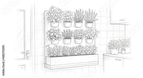 Hand-drawn Indoor Vertical Garden Sketch with Herbs and Plants in Pots