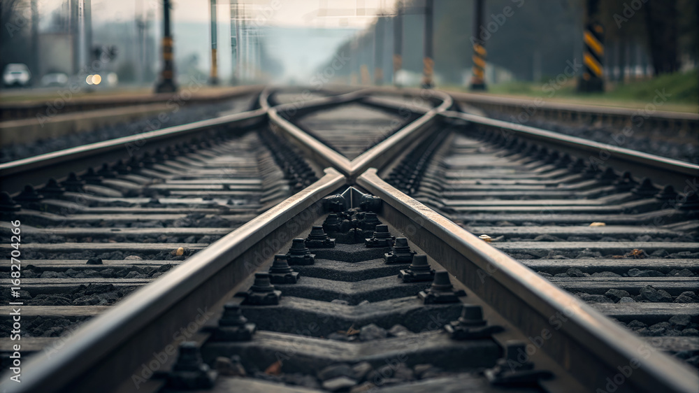 Fototapeta premium railway tracks crossing, industrial steel pattern, sharp focus.