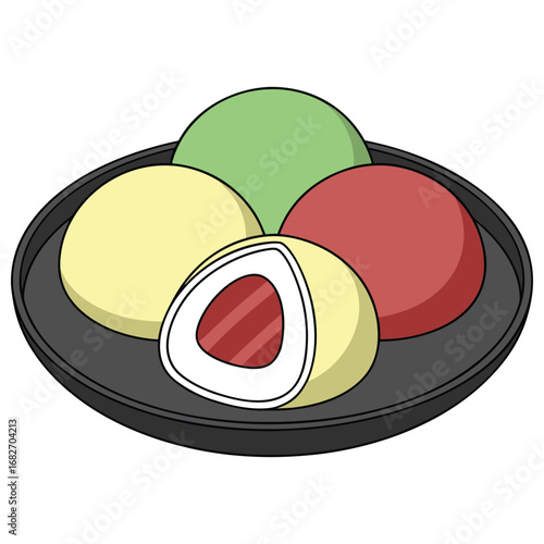 Vector art of a plate of colorful mochi, a traditional japanese dessert, with one mochi cut in half to reveal its filling