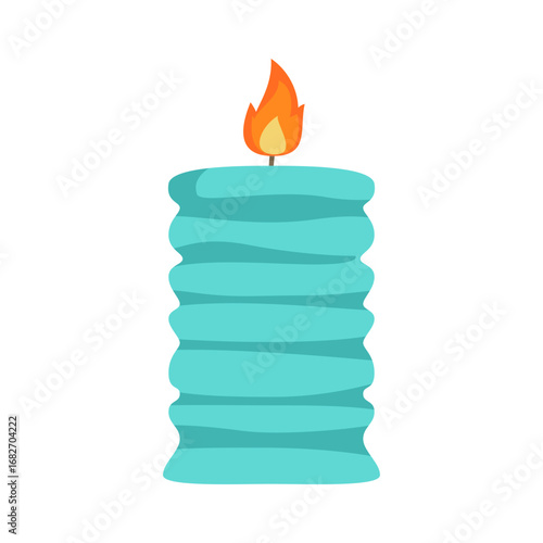 Vibrant turquoise candle with a flickering flame against a plain background, ideal for relaxation