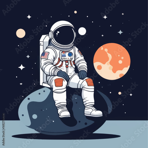 Cartoon Astronaut Sitting on Moon with Mars and Stars in Space