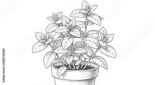 Intricate grayscale rendering of a flourishing mint plant in a pot sketch