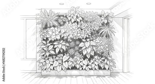 Intricate indoor garden illustration showcasing plant diversity and natural elegance
