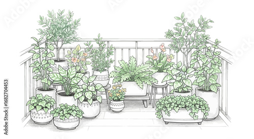 Lush greenery and potted plants adorning a serene urban balcony garden