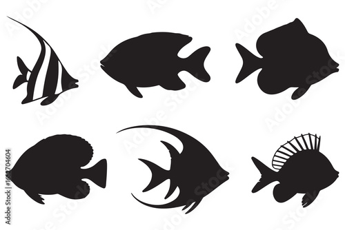 Set of Sea Food Silhouette, Ocean Life, Fish. Vector black silhouette. with white background