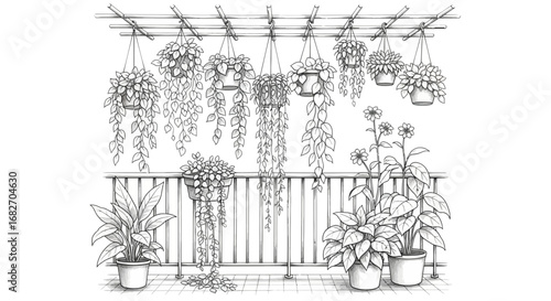 Minimalist line drawing of a serene balcony garden with hanging plants