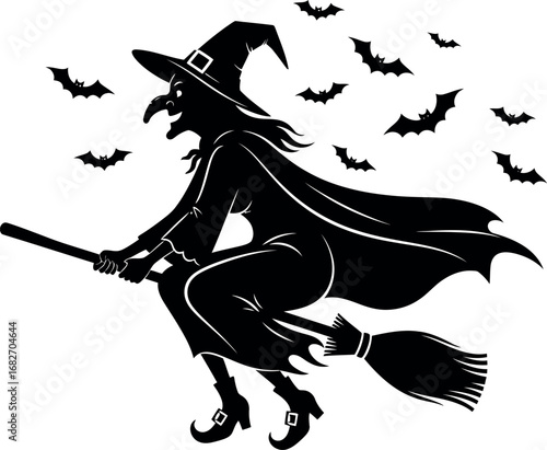 Silhouette of a wicked witch riding a broomstick with bats flying in the night sky for halloween vector