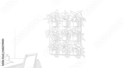 Minimalist workspace with vertical garden, promoting serenity and focus