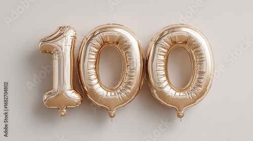 Helium golden balloons shaped like the number 100, symbolizing the celebration of 100 followers or likes on social media, set against an elegant backdrop.
