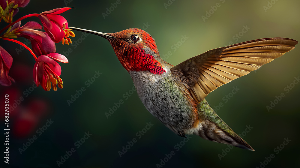 Fototapeta premium Rufous Hummingbird Drinking Nectar, Nature Close-up, Floral Background, Delicate Feathers