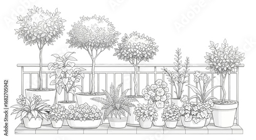 Monochrome botanical illustration showcasing diverse potted plants on a balcony