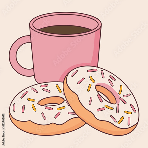 Vector art of a pink mug filled with coffee next to two donuts with white icing and sprinkles, a delightful breakfast treat