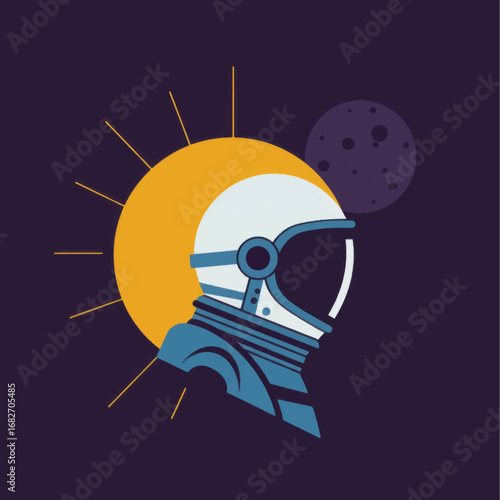 Stylized Astronaut Profile with Sunburst and Moon in Deep Space