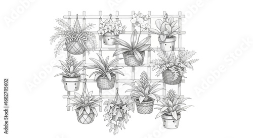 Pencil sketch illustration of potted plants on a garden trellis with floral designs