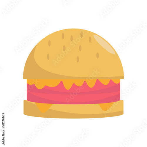 Colorful cartoon hamburger with vibrant toppings and a playful background setting