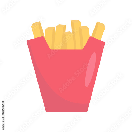 A vibrant red container filled with golden French fries, set against a plain white background
