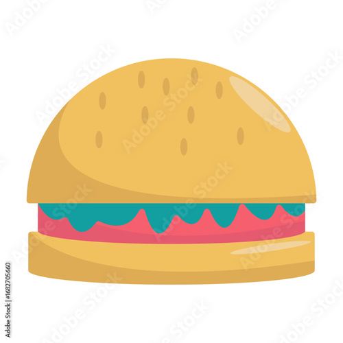 A vibrant, oversized burger with colorful toppings sitting on a bright plate in a playful setting