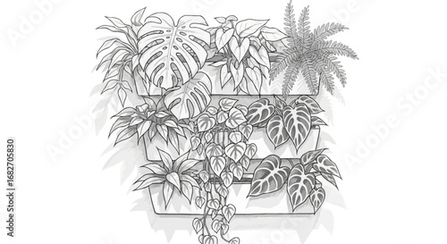 Serene monochrome vertical garden illustration for tranquil spaces