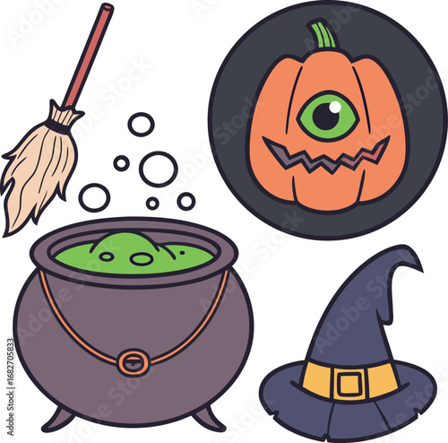 Vector art of halloween symbols a witchs cauldron with green bubbling potion, a jackolantern, and a witch hat