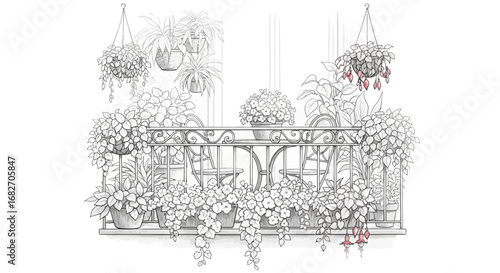 Sketch of a balcony overflowing with potted plants and hanging baskets