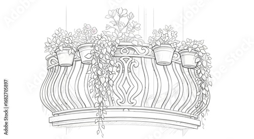 Sketch of a decorated balcony with potted flowers and trailing vines