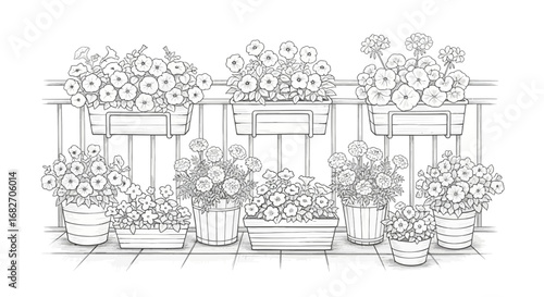 Sketch of flowers on the balcony and on the floor. Illustration design