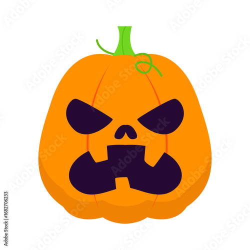 A vibrant Halloween pumpkin with a menacing face and green vine accents against a white background