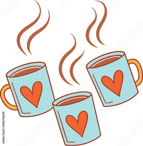Vector art of three light blue mugs with orange hearts, steaming hot beverages, perfect for cozy moments and expressing affection