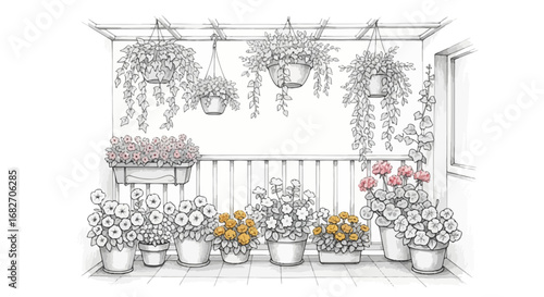 Stylized illustration of a flower-filled balcony with hanging plants