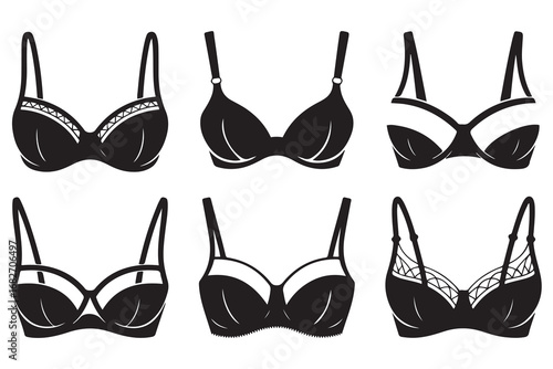 Set of lady bras silhouette vector art. Vector black silhouette. with white background