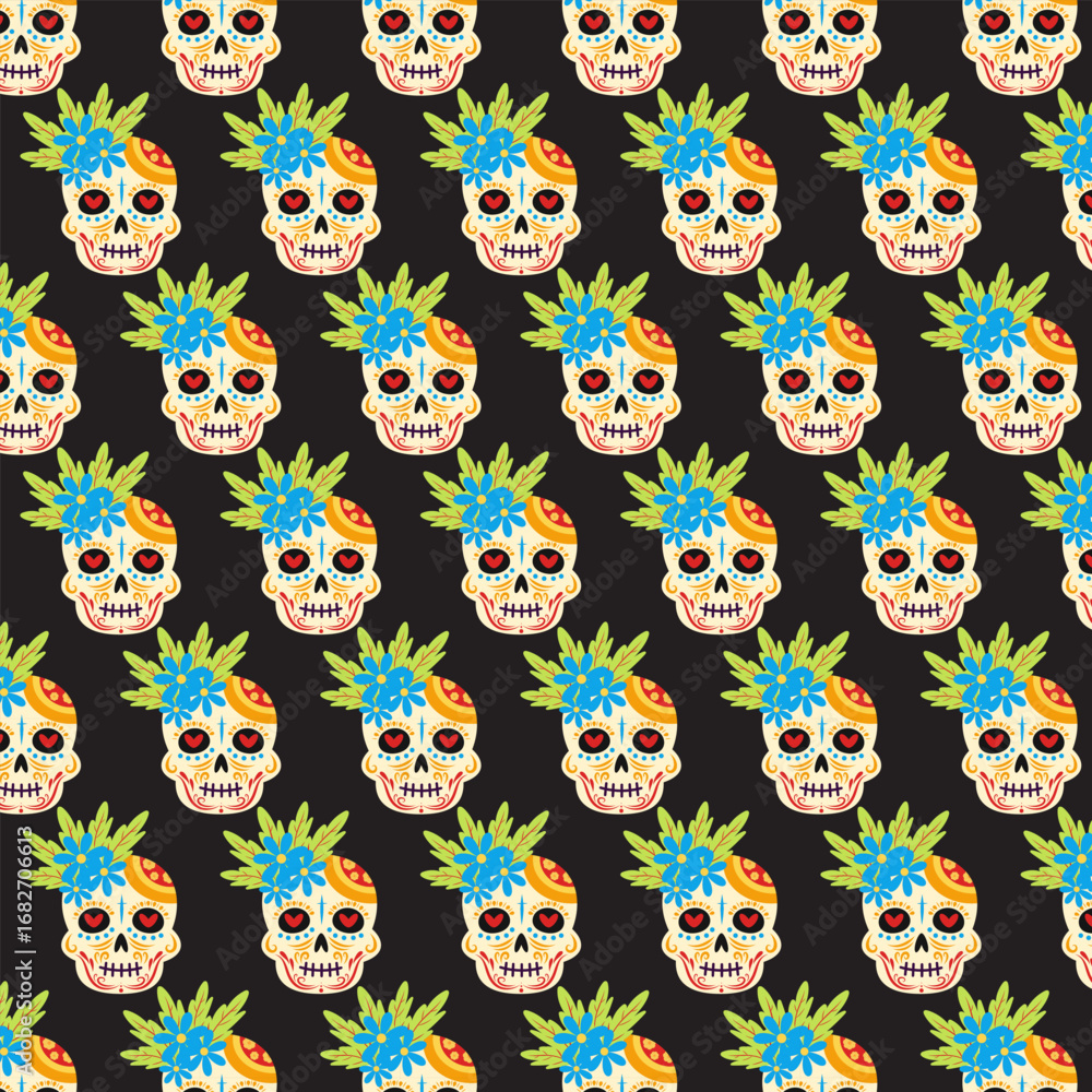 Obraz premium Sugar Skull SeamlessPattern. Dia de los Muertos. Black Background. Vector Illustrations