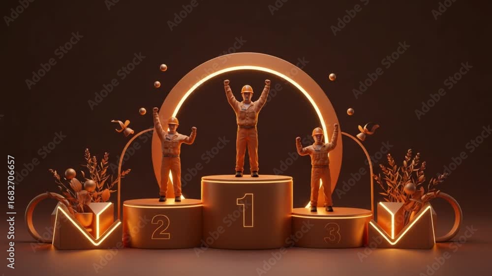 Bronze winners celebrate on illuminated podium; first place victor raises arms in triumph.