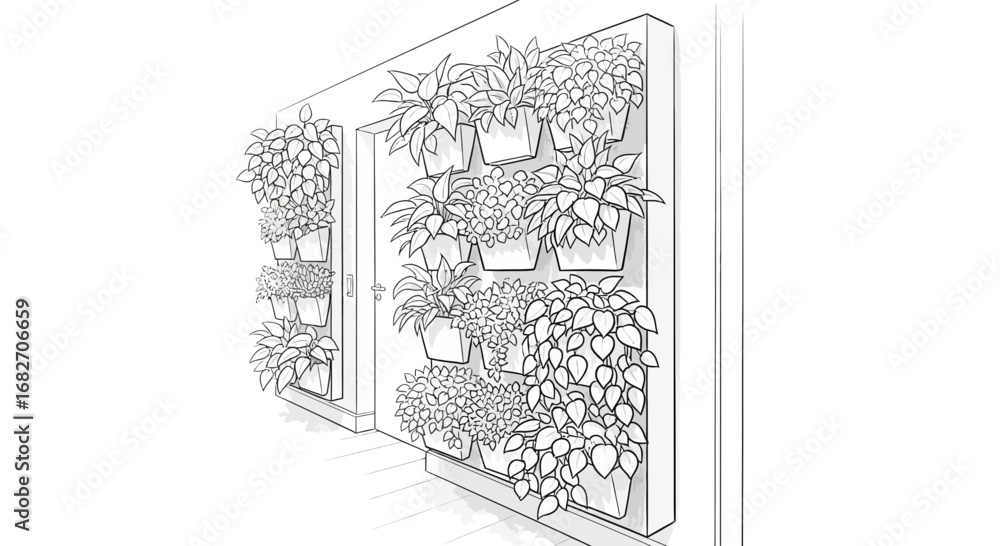 Fototapeta premium Vertical garden sketch with potted plants and door frame in a minimalist line art style