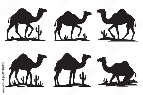 Set of Camels Silhouette Bundle, Animal Icons. Vector black silhouette. with white background