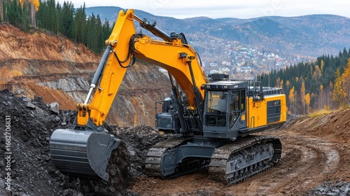 A heavy machinery excavator works at a mine, illustrating the powerful industrial equipment used in resource extraction and earthmoving