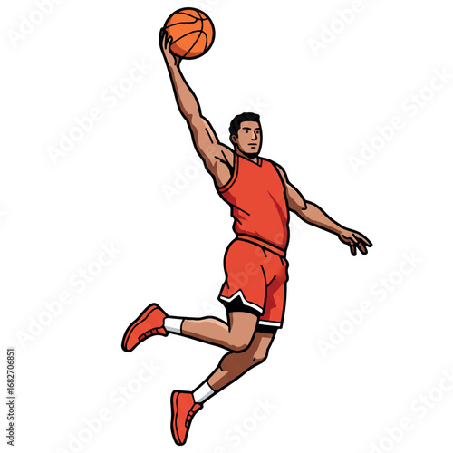 Dynamic 2D flat vector illustration of a basketball player executing a powerful dunk, isolated on a clean white background.