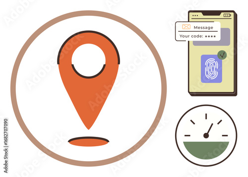 Location pin in circle, biometric phone verification with messagecode, speed indicator dashboard. Ideal for navigation, security, technology, data safety, apps authentication tracking. Simple flat