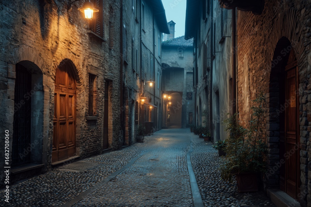 Obraz premium Foggy evening view of a deserted medieval alleyway in the Citta Alta of Bergamo