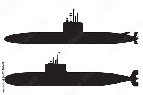 Set of Submarine Silhouette, Military Equipment. Vector black silhouette. with white background