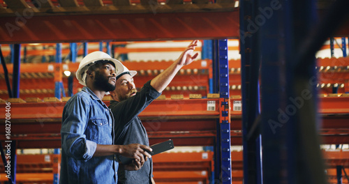 Obraz na plátně Collaboration, pointing and tablet with construction worker men in warehouse for inspection