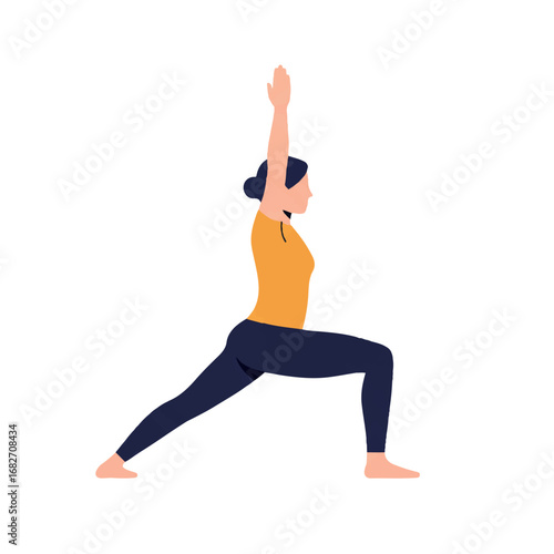 A calm and balanced person performs a yoga warrior pose in a clean 2D flat vector illustration with solid colors and graphic design style, isolated on a white background.