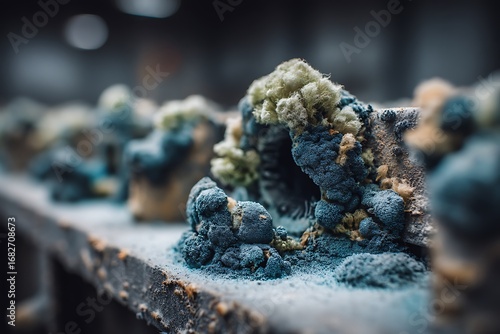 Mold growing within an HVAC system, a close-up shot showing the details of contamination in an industrial environment.