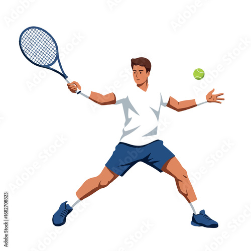 A dynamic 2D flat vector illustration captures a tennis player mid-serve, showcasing clean lines and solid colors in a modern graphic style, isolated on a crisp white background.