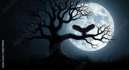 Eerie Digital Painting of an Owl Perched on a Spooky Tree in Front of a Full Moon