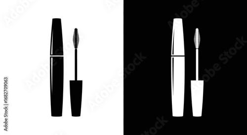 A mascara wand and tube, a black and white split icon for eye makeup, cosmetics, and enhancing eyelashes.