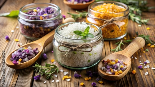 Assorted flavored salts in jars and wooden spoons on wooden surface
