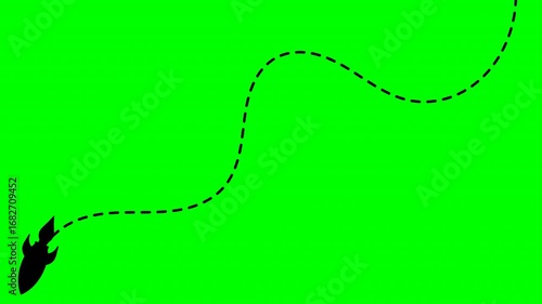rocket flying on dash line from top right to bottom left. Dashed line route animation on green background 4k video