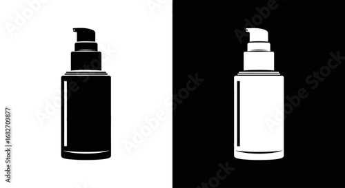 A serum or foundation bottle with a pump, a black and white icon for skincare and makeup products.