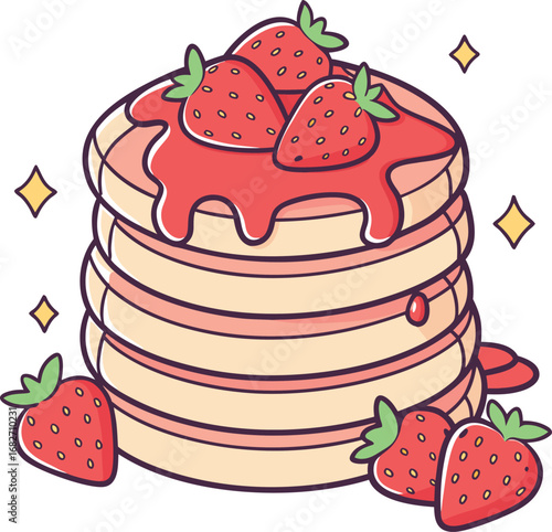 Vector art of a stack of delicious pancakes topped with fresh strawberries and strawberry syrup
