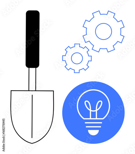 Gardening spade, light bulb pictogram, cogwheels represent innovation, creativity, growth. Ideal for teamwork, startup motivation, problem-solving, strategy planning innovation simple landing page